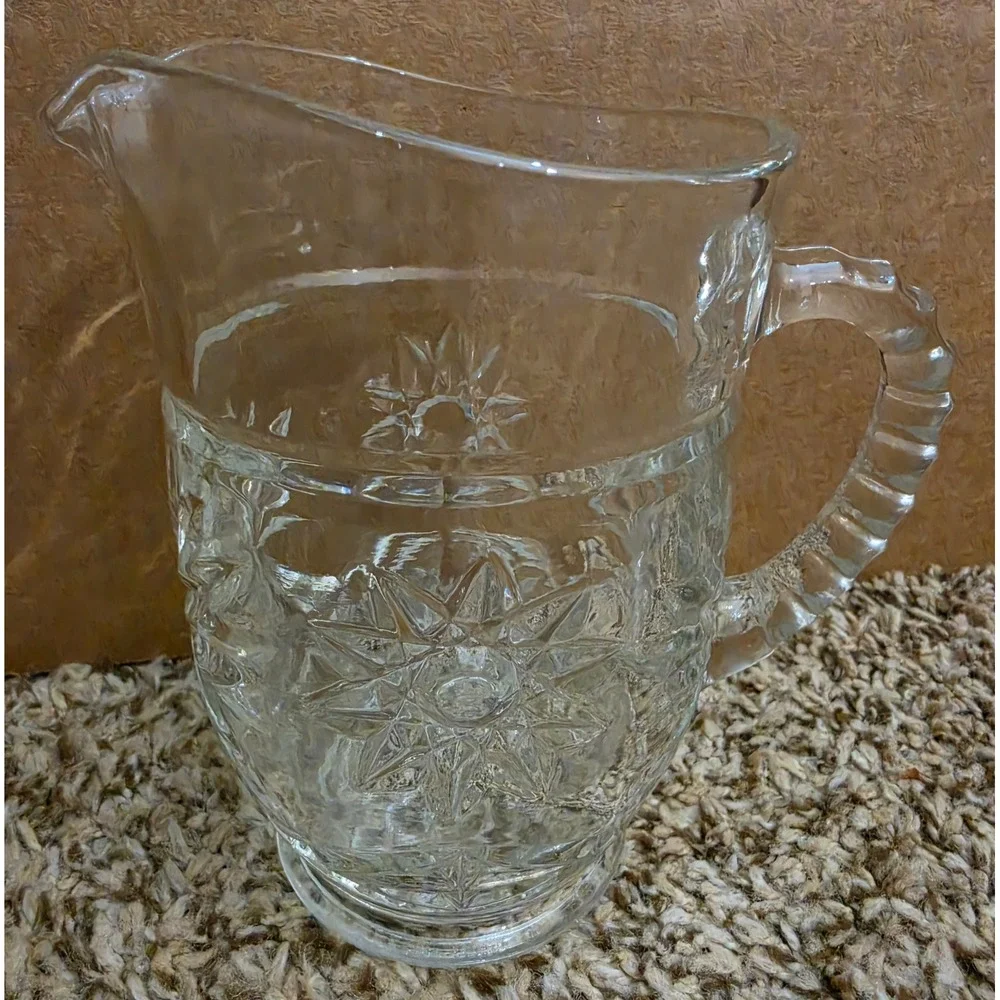 Vintage Anchor Hocking Prescut Glass Pitcher Star of David Starburst 16oz Pint
